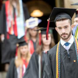 Graduates line up outside of Old Main before the Commencement ceremony May 18, 2019 on the campus of Washington & Jefferson College.