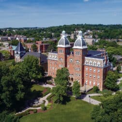 Old Main as seen from a drone view on the campus of Washington & Jefferson College in May 2018.