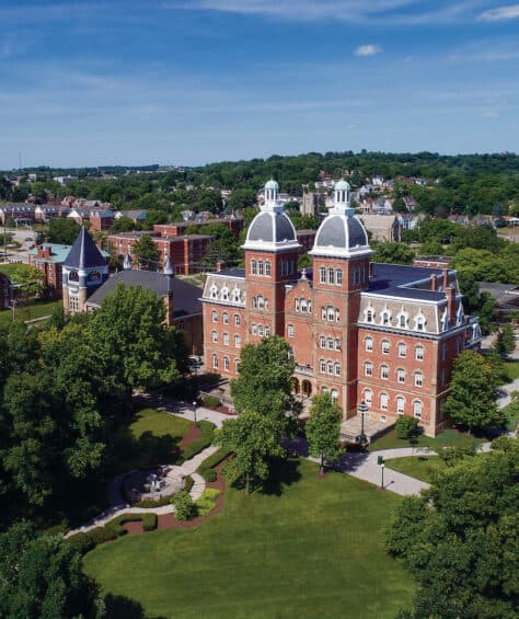 Old Main as seen from a drone view on the campus of Washington &amp; Jefferson College in May 2018.