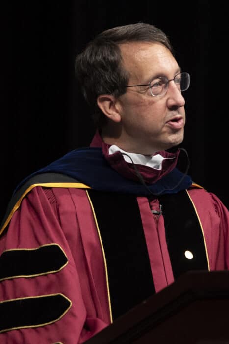 Timothy Klitz, Ph.D., Professor of Psychology, addresses the Class of 2024 during the 2020 Matriculation Ceremony September 6, 2020, which was pre-recorded in Olin Theatre on the campus of Washington &amp; Jefferson College.