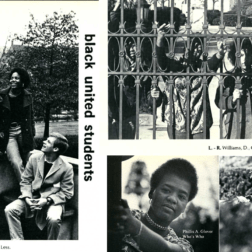 A collage of images featuring Black Student Union members in yearbook photos from the 1970s.
