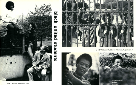 A collage of images featuring Black Student Union members in yearbook photos from the 1970s.