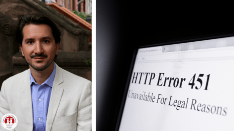 Freedom Director of Technology Adrian Shahbaz is pictured at left juxtaposed next to an image of a computer screen that readds "HTTP Error 451, Unavailable for Legal Reasons."