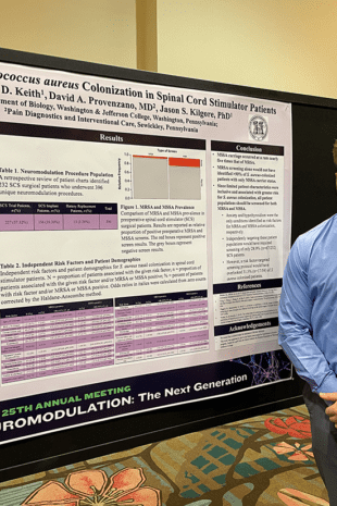 W&J Senior Alex Keith smiles in front of his poster presentation at the North American Neuromodulation Society (NANS) 2022 Annual Meeting held in Orlando, Florida in January of 2022.