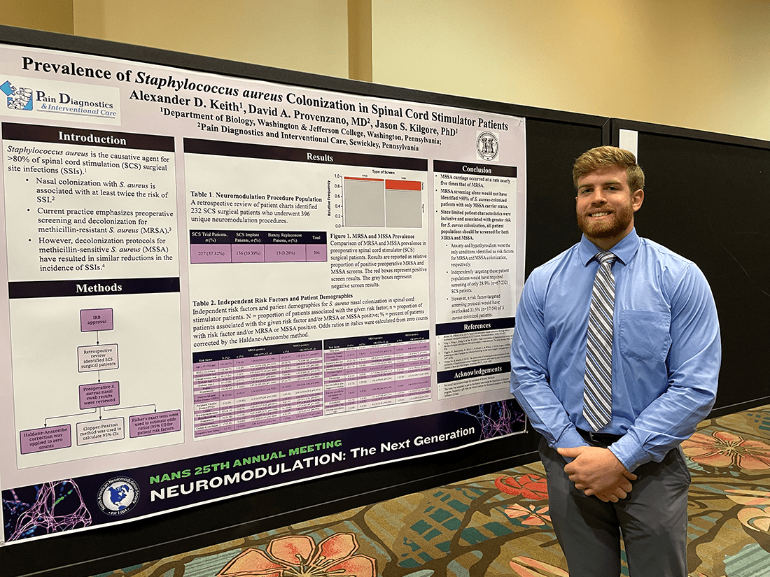 W&J Senior Alex Keith smiles in front of his poster presentation at the North American Neuromodulation Society (NANS) 2022 Annual Meeting held in Orlando, Florida in January of 2022.