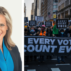 Michigan Secretary of State Jocelyn Benson is shown at left juxtaposed next to an image of protestestors marching while wearing masks and holding a banner that reads "Ever Vote Counts, Count Every Vote"