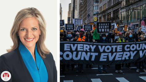 Michigan Secretary of State Jocelyn Benson is shown at left juxtaposed next to an image of protestestors marching while wearing masks and holding a banner that reads "Ever Vote Counts, Count Every Vote"