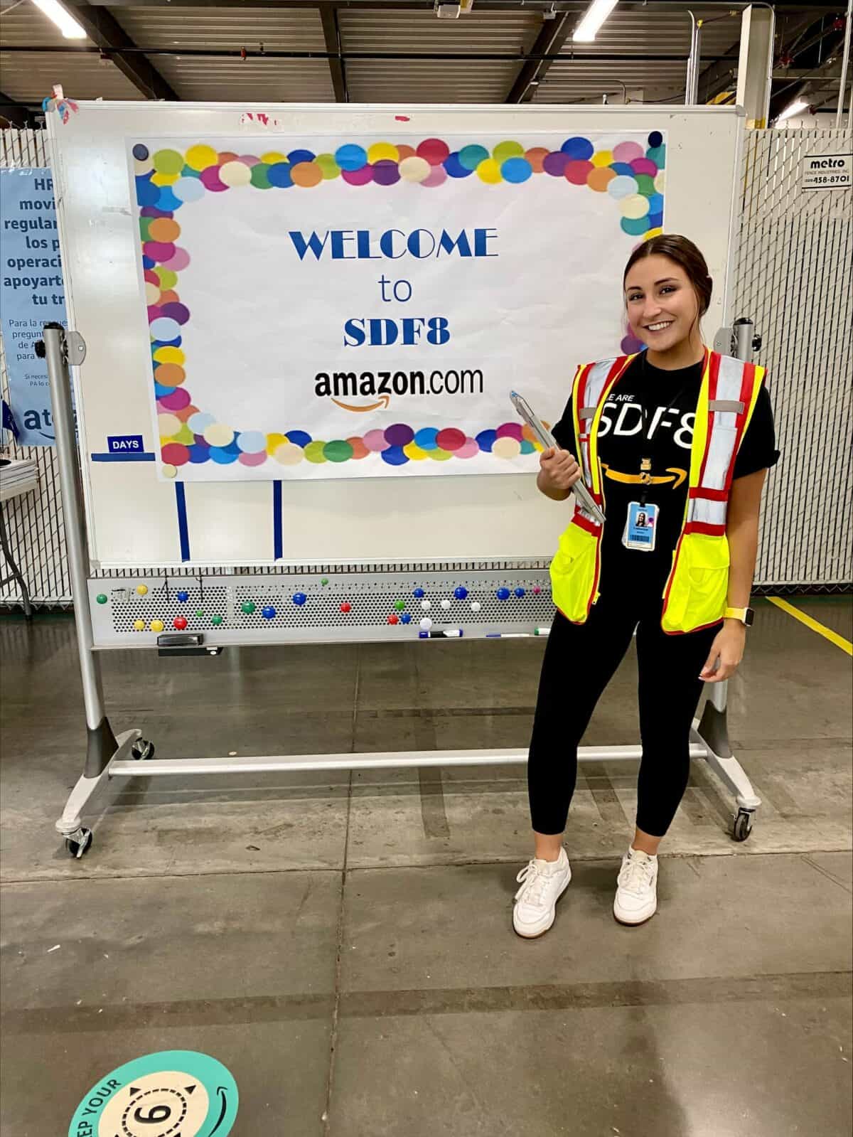 W&J Senior Catherine Martin poses in uniform at Amazon fulfillment facility in Indiana.