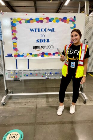 W&J Senior Catherine Martin poses in uniform at Amazon fulfillment facility in Indiana.