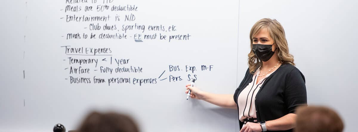 Dana Allen, MST, instructor of accounting, teaches a class in the Howard J. Burnett Center October 27, 2020 on the campus of Washington &amp; Jefferson College.