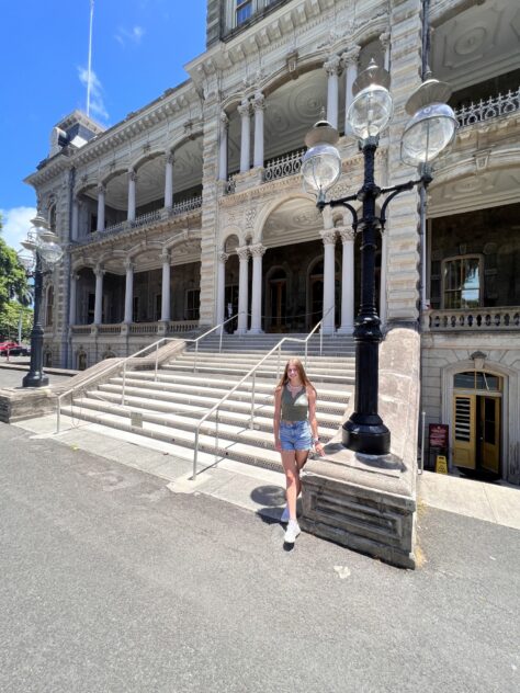 W&J rising sophomore Ella Phillips stands in front of the Lolani Palace in Honolulu, Oahu, Hawaii.