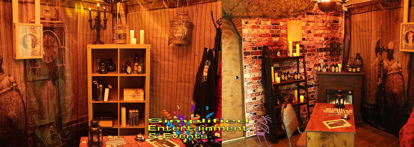 Image of a cabin style escape room with a bookshelf and fireplace.