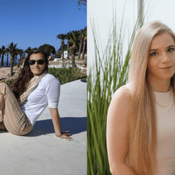 Photos of Recent alumni Clara Sherwood ’22 and Caroline Fedor ’20 sit side-by-side in a collage. Sherwood poses with sunglasses on in front of palm trees in Morocco, while Fedor sits and smiles on a piano bench.