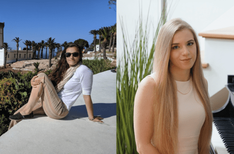 Photos of Recent alumni Clara Sherwood ’22 and Caroline Fedor ’20 sit side-by-side in a collage. Sherwood poses with sunglasses on in front of palm trees in Morocco, while Fedor sits and smiles on a piano bench.