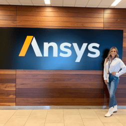 W&J rising senior Grace DePaul stands in front of Ansys company sign.