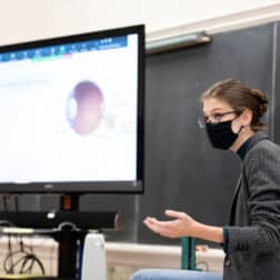 W&J Psychology Professor, Hannah Bradshaw, Ph.D., looks to her class while delivering a presentation.