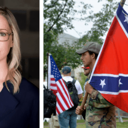 Author and Historian Kathleen Belew is pictured at left juxtaposed next to an image showing a man wearing camoflauge carrying a confederate flag in the foreground with another man carrying a modern American flag in the background.