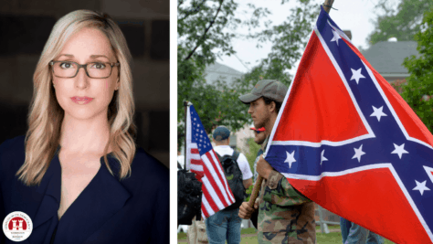 Author and Historian Kathleen Belew is pictured at left juxtaposed next to an image showing a man wearing camoflauge carrying a confederate flag in the foreground with another man carrying a modern American flag in the background.