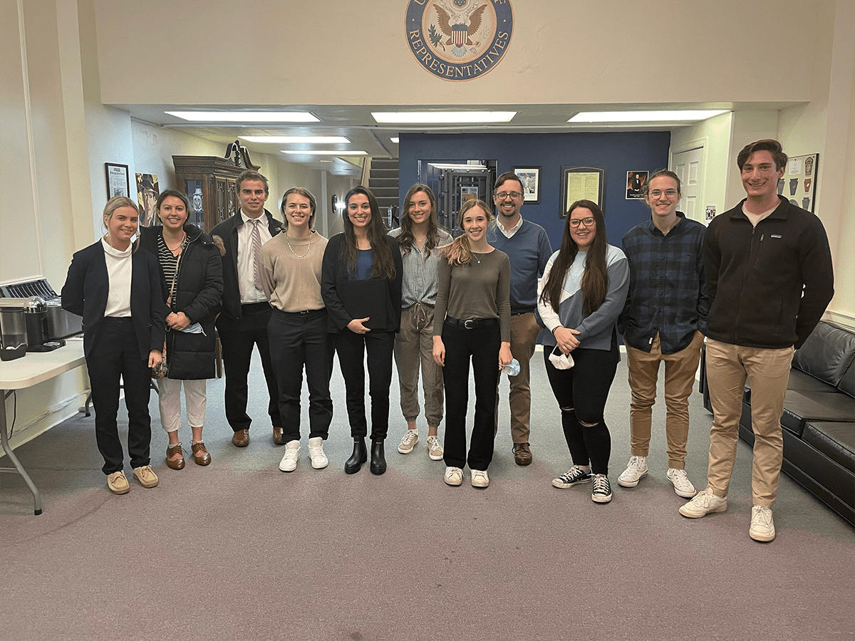 The Students of PSY 393 stand in Congressman Guy Reschenthaler’s (R-PA, D-14) District Office to lobby on behalf of various policy issues.