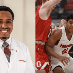 Alumnus Kenny Clark smiles while junior Kyran Mitchell fends off a basketball opponent.