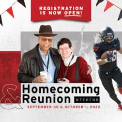 Postcard for W&J's 2022 Homecoming, featuring a football player, a couple, and a lively crowd in the background.