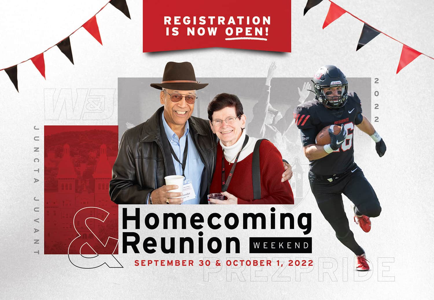 Postcard for W&J's 2022 Homecoming, featuring a football player, a couple, and a lively crowd in the background.