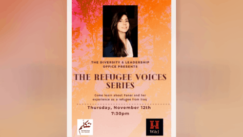 Poster for Refugee Voices event on Nov. 15 on Zoom at 7:30 p.m.