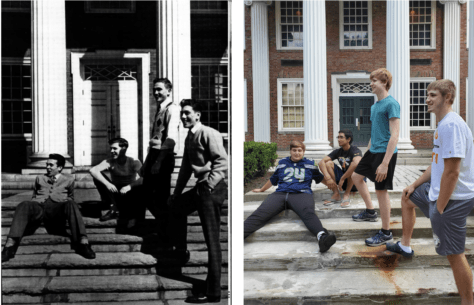 Students recreate a photo of four male W&J students in front of Lazear Hall.