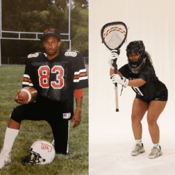 Dean of Admission, Robert Adkins 87' poses in his football uniform alongside W&J sophomore, Kaitlyn Brown, who holds a lacrosse stick.