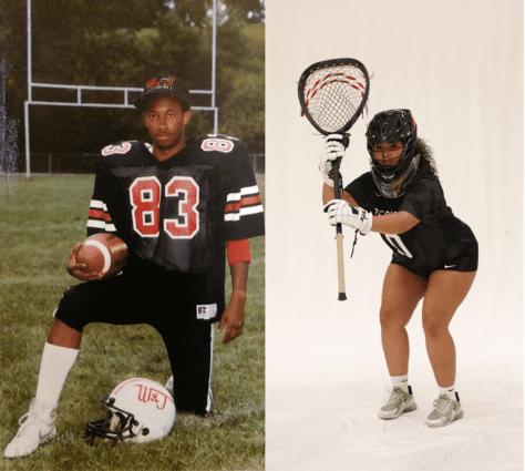 Dean of Admission, Robert Adkins 87' poses in his football uniform alongside W&J sophomore, Kaitlyn Brown, who holds a lacrosse stick.