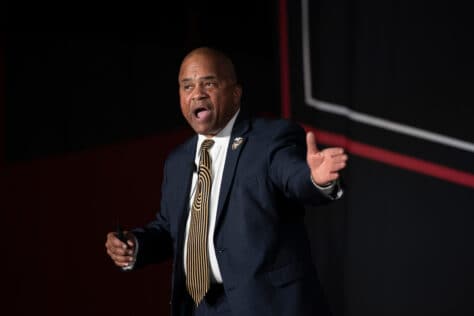 Fred L. Johnson III, Ph.D., speaks to audience during W&J's 2022 Symposium on Democracy.