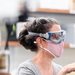Jen Bayline teaches a chemistry lab for both remote and in-person students October 26, 2020 in Swanson Science Center on the campus of Washington & Jefferson College.