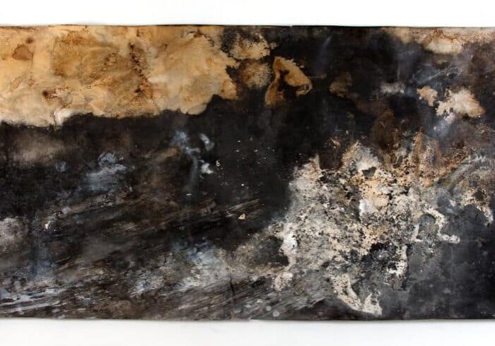 Athena LaTocha, Untitled (High Desert 1), 2017, sumi and walnut ink, chamisa fibers and staining on paper, 44 x 120 inches. (AL2017.0003)