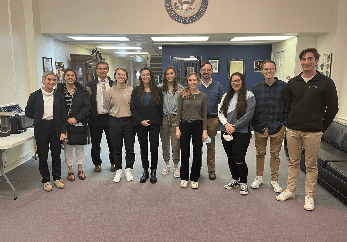 The Students of PSY 393 stand in Congressman Guy Reschenthaler’s (R-PA, D-14) District Office to lobby on behalf of various policy issues.