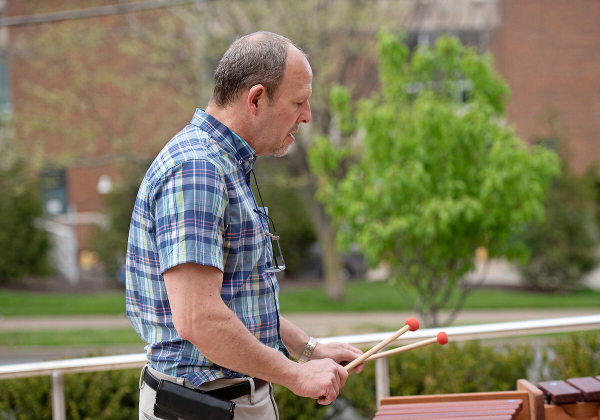 Members of the W&amp;J Marimba Ensemble play outside of the the Clark Family Library at Washington &amp; Jefferson College on Tuesday, May 3, 2022.