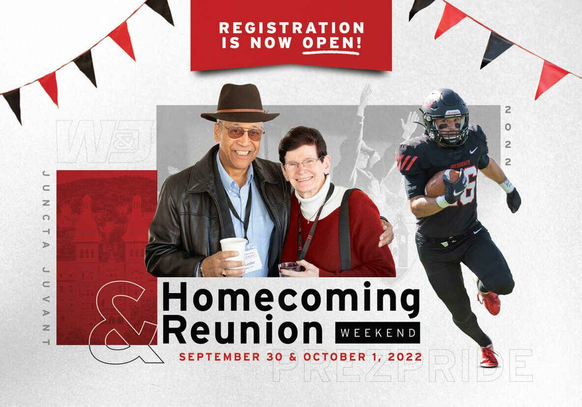 Postcard for W&J's 2022 Homecoming, featuring a football player, a couple, and a lively crowd in the background.