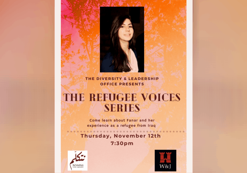 Poster for Refugee Voices event on Nov. 15 on Zoom at 7:30 p.m.