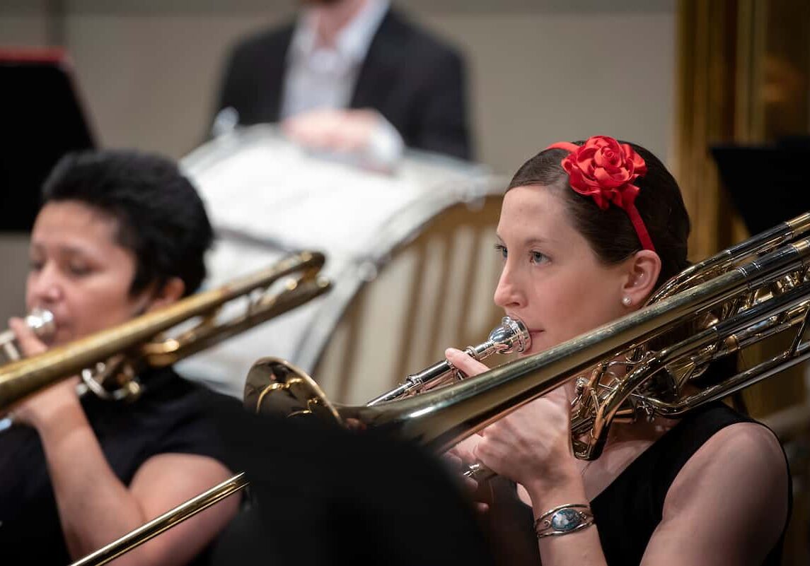 Members of the W&J wind ensemble perform in the Olin Fine Arts Center during the 2021 Holiday Concert.