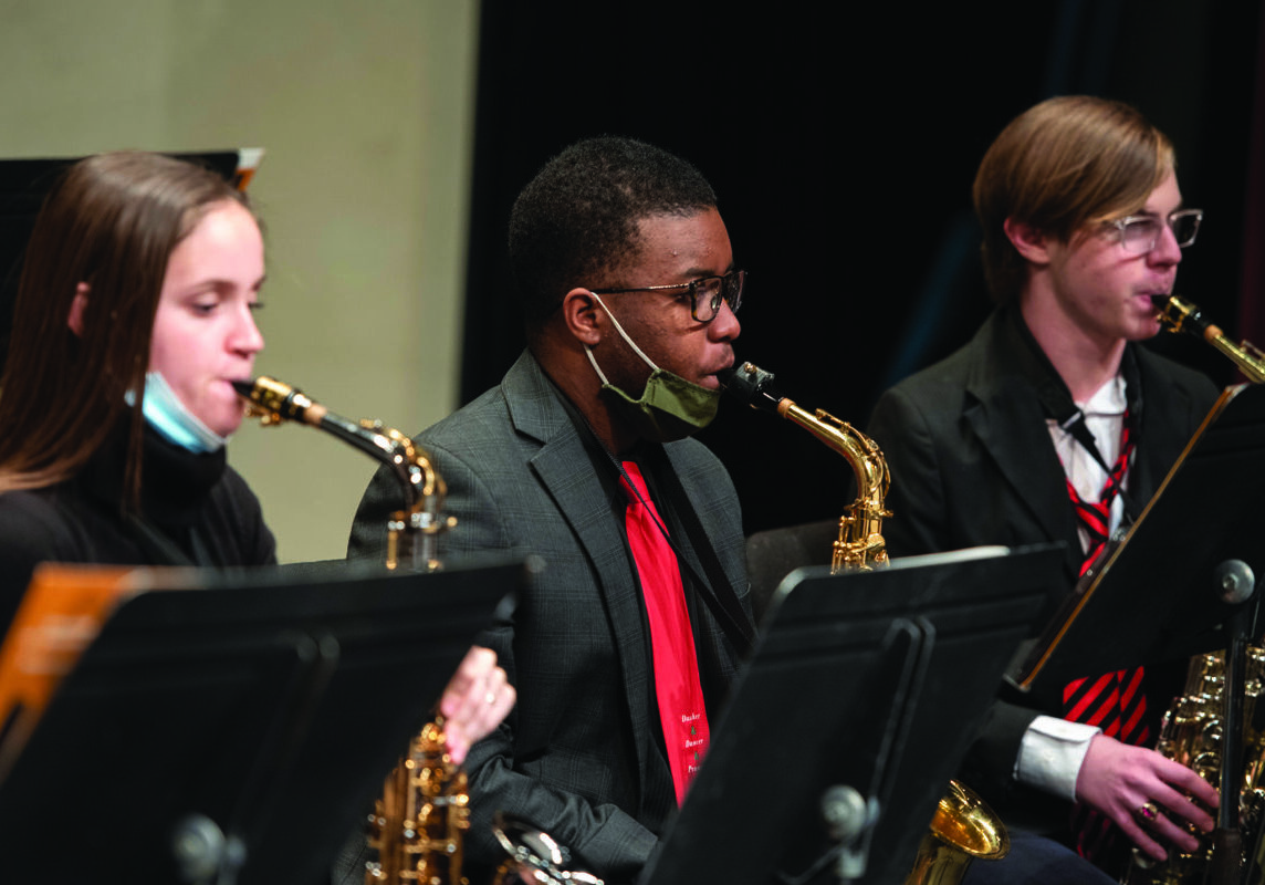 Members of the W&amp;J jazz ensemble are led by Clint Bleil during a rehearsal December 6, 2021 before the holiday concert in the Olin Theatre on the campus of Washington &amp; Jefferson College in Washington, Pa.