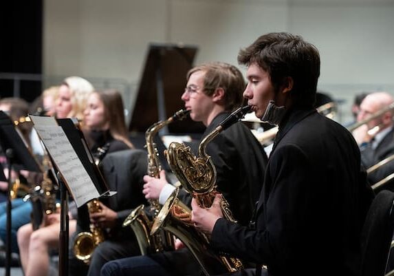 Members of the W&amp;J jazz ensemble are led by Clint Bleil during a rehearsal December 6, 2021 before the holiday concert in the Olin Theatre on the campus of Washington &amp; Jefferson College in Washington, Pa.