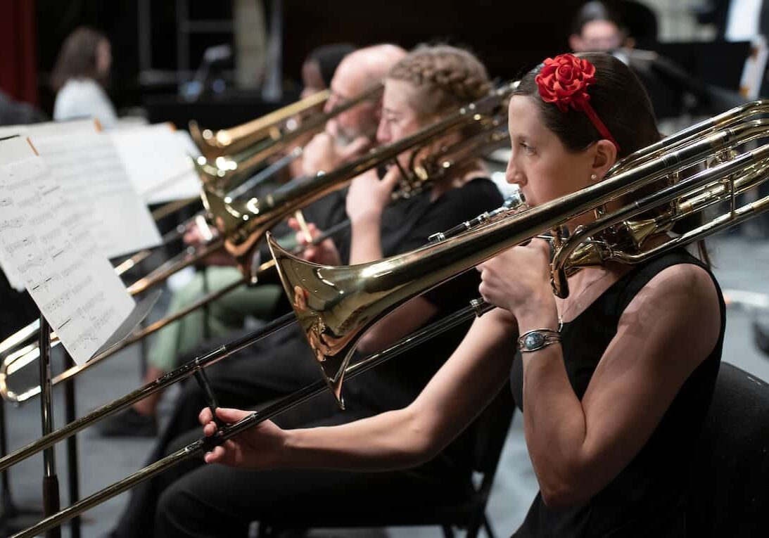 Members of the W&J jazz ensemble play the trumpets during a holiday concert.