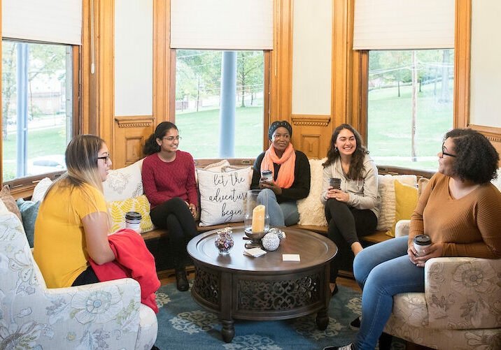 Admission counselors talk with students in the Admission House as seen October 21, 2019 during the Creosote Affects photo shoot at Washington &amp; Jefferson College.