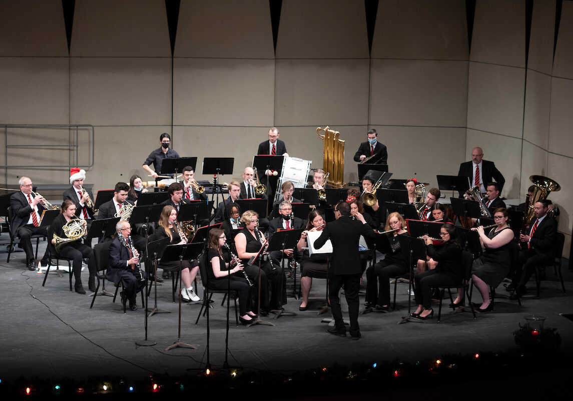 Members of the W&amp;J Wind Ensemble are led by Clint Bell during the holiday concert December 6, 2021 in the Olin Theatre on the campus of Washington &amp; Jefferson College in Washington, Pa.