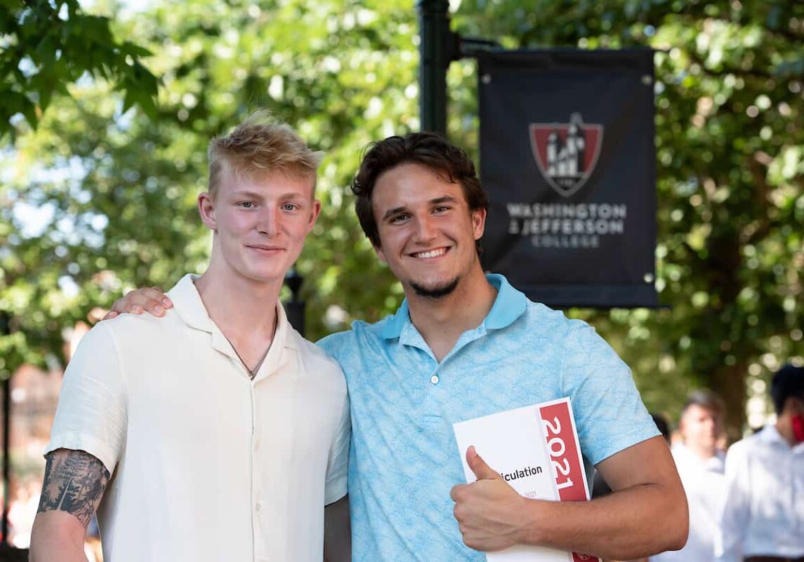 Incoming students from the Class of 2025 pose for a photo as they walk towards Old Main to cross the seal as they are welcomed to W&amp;J during the matriculation ceremony August 24, 2021 on the campus of Washington &amp; Jefferson College in Washington, Pa.