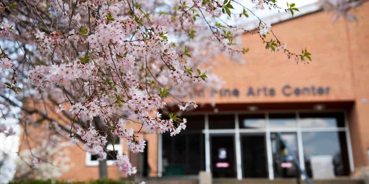 Spring blooms outside of the Olin Fine Arts Center on the campus of Washington & Jefferson College April 7, 2021.