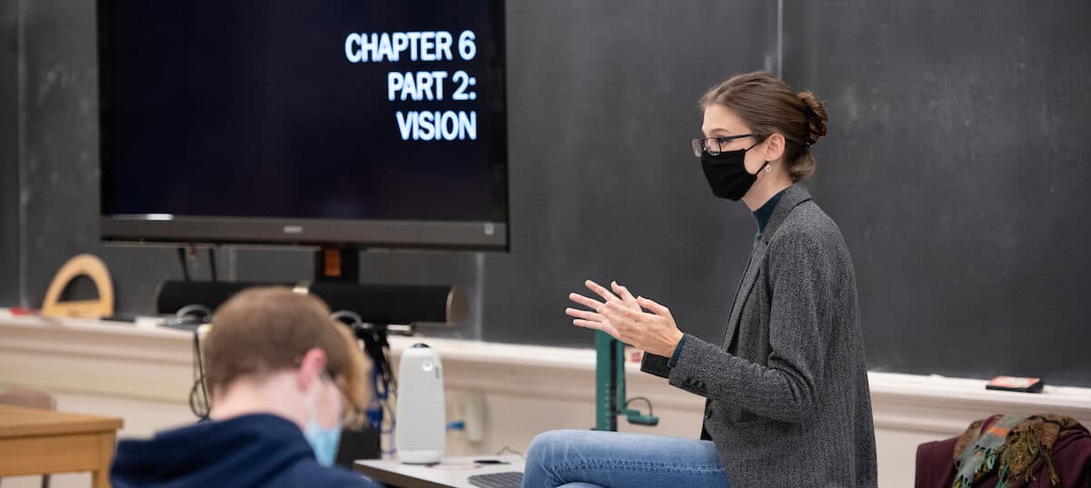 Hannah Bradshaw teaches psychology to both remote and in-person students October 26, 2020 in Old Main on the campus of Washington &amp; Jefferson College.
