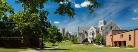 A view of the quads in front of Olin Fine Arts Center and the Tech Center on W&J's campus.