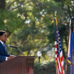 Former Student Government Association President Kenny Clark speaks at the 2021 dedication of the Charles West historical marker. Clark was the first Black President of W&J's SGA.