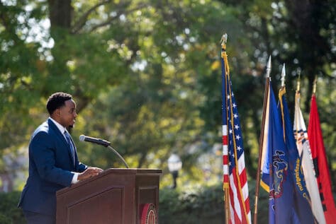Former Student Government Association President Kenny Clark speaks at the 2021 dedication of the Charles West historical marker. Clark was the first Black President of W&J's SGA.