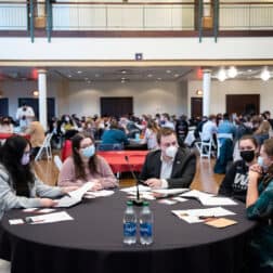 A group of W&J students discusses the Ukrainian-Russian War during the closing keynote session in the 2022 Symposium on Democracy.